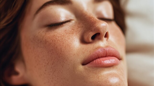 Close up of a young woman's face with freckles and closed eyes, natural beauty