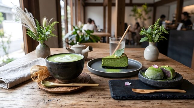 A beautiful afternoon tea arrangement showing a bowl of whisked matcha green tea, a layer crepe cake, and mochi desserts on a wooden table inside a bright Japanese cafe.