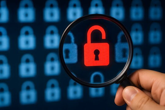 A magnifying glass over an unlocked padlock signifies a security breach, representing cybersecurity threats and data protection.