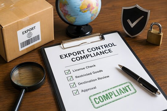 Export control compliance document with a globe, parcel, magnifying glass, and a security shield.