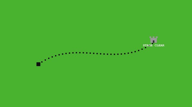 Retro 8-bit Pixel Art Animation of a Moving Path Leading to a Castle with Stage Clear Text on Green Background