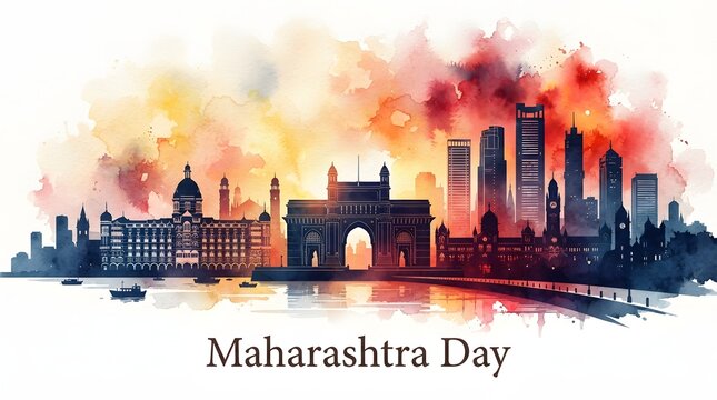 Watercolor skyline of Mumbai celebrating Maharashtra Day with vibrant colors