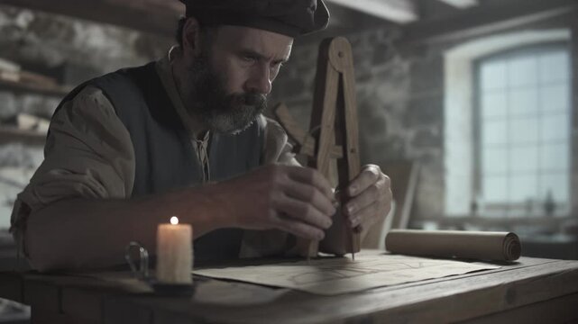 A medieval inventor measuring drawing lines of a flying machine on paper with a wooden compass, working at a table in a dimly lit workshop