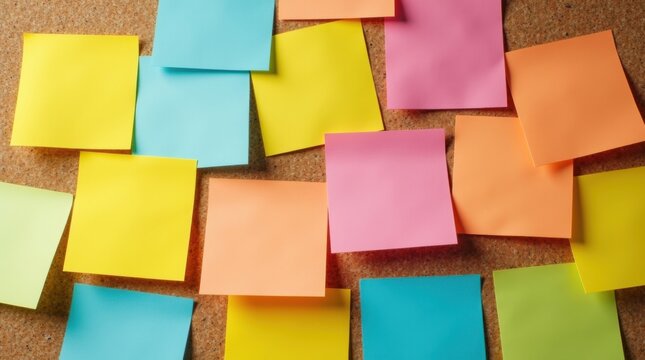 Notas adhesivas en blanco dispuestas de forma ca&oacute;tica y superpuestas en un tablero de corcho; colores vibrantes
