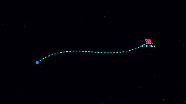 2D Flat Motion Graphic Animation of a Spacecraft Moving from Earth to a Far Colony on an Alien Ringed Planet