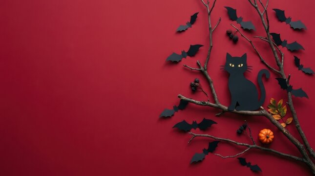 Spooky halloween scene black cat bats and branches on a red background for festive