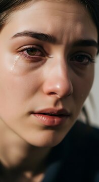 Close-up portrait of a young woman with a tearful and sad expression.