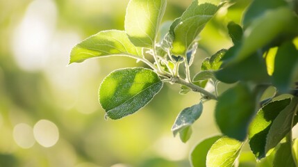 Fototapeta premium Close up Of Green Leaves On A Branch In Sunlight