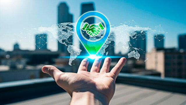 A hand holding a digital map with a handshake icon for the concept of global business connection.
