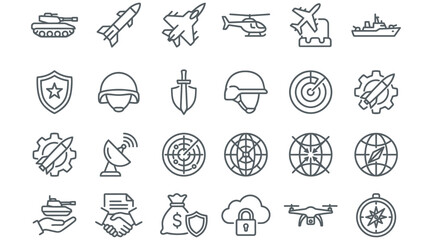 Military And Transportation Line Icons On White Background  © Kawsar_Studio1998