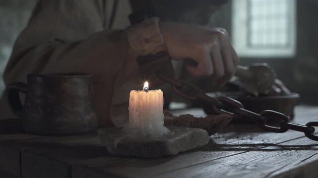 Medieval prisoner locked in iron shackles eating porridge from a bowl near a burning candle and a chunk of rye bread on a rustic table inside a gloomy jail cell, camera moving 