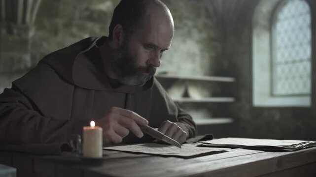Monastic scribe studying a handwritten religious page on a wooden desk, moving a penknife tip along script lines on a sheet next to a stack of parchment pages, inside a dark library