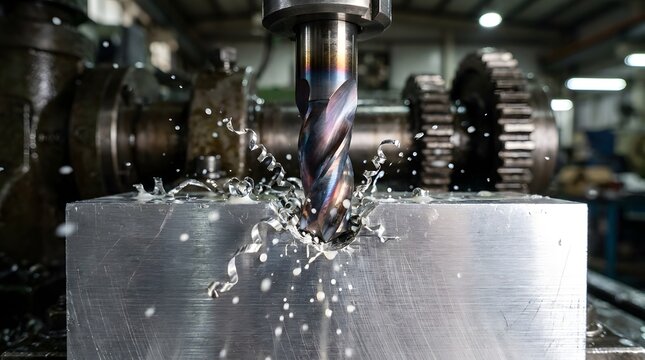 Precision CNC milling bit cutting aluminum block. Industrial metal machining with high-speed coolant spray.