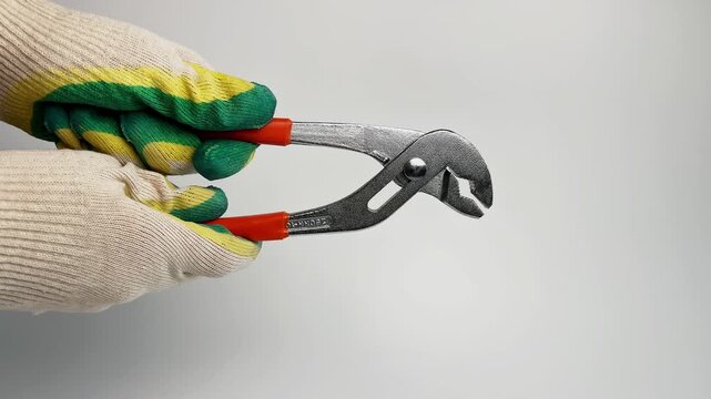 A gloved hand holds a metal wrench with red handles, opening and closing it on a white background. Plumbing Concept, Reliable Hand Tools. High quality 4k footage