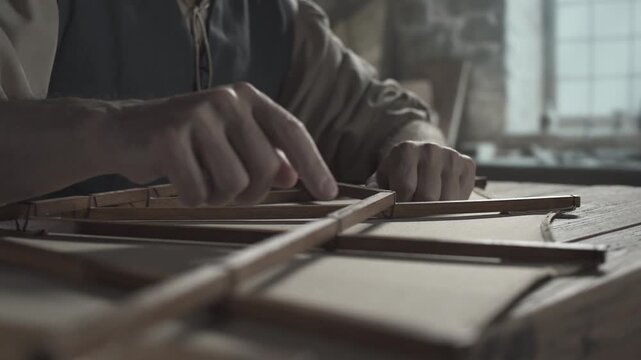 Close up of inventor hands checking the smooth wooden surface of a flying machine wing frame on a rustic table inside a medieval craftsman workshop