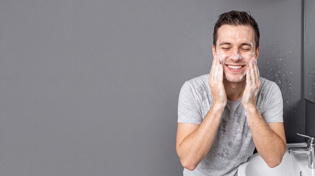 A young man with his eyes closed washing his face with white soap foam while leaning over a ad social media download thambnail poster web template event festival 2026 2027 2028