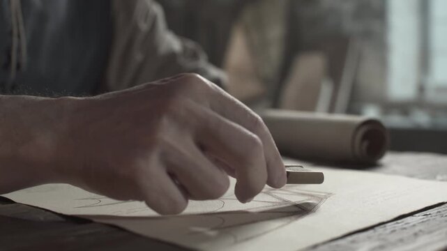 Close up of medieval inventor hands sprinkling sand with a small wooden scoop for drying ink on a flying machine wing blueprint