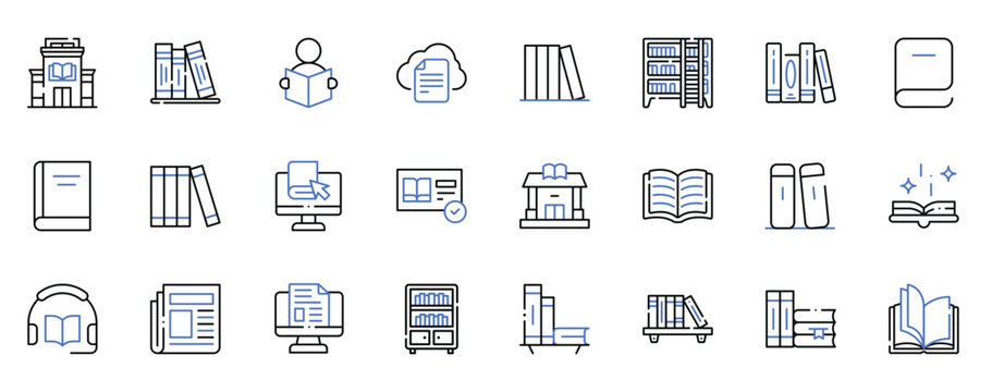 Library icon set. Editable line icons library building, books stack, reading person, cloud ebook and bookshelf vector illustration