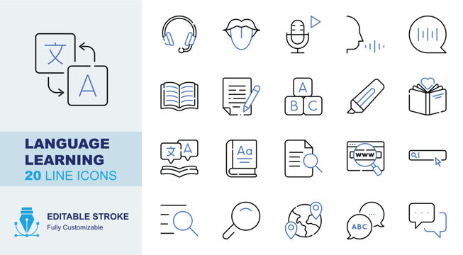 Language learning icon set. Editable line icons translation, headphones, pronunciation, voice record and speech bubble vector illustration