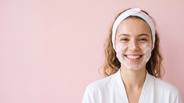 A young woman with a white headband and white robe smiles, her face covered in white ad social media download thambnail poster web template event festival 2026 2027 2028