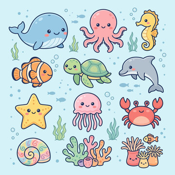 Cartoon sea creatures collection.