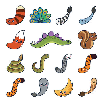 Cartoon worms and animals collection.