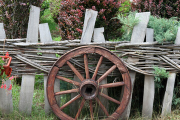 Vintage wooden cart wheel leaning against a traditional rustic wattle fence in a garden. © Predrag