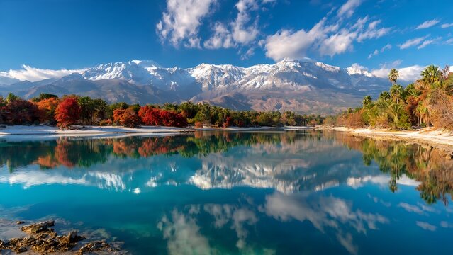 Breathtaking mountain landscape with reflection in calm lake water.