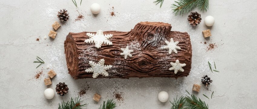 Chocolate yule log cake with snowflakes for christmas