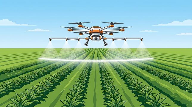 Agricultural drone spraying fertilizer over green farm field rows