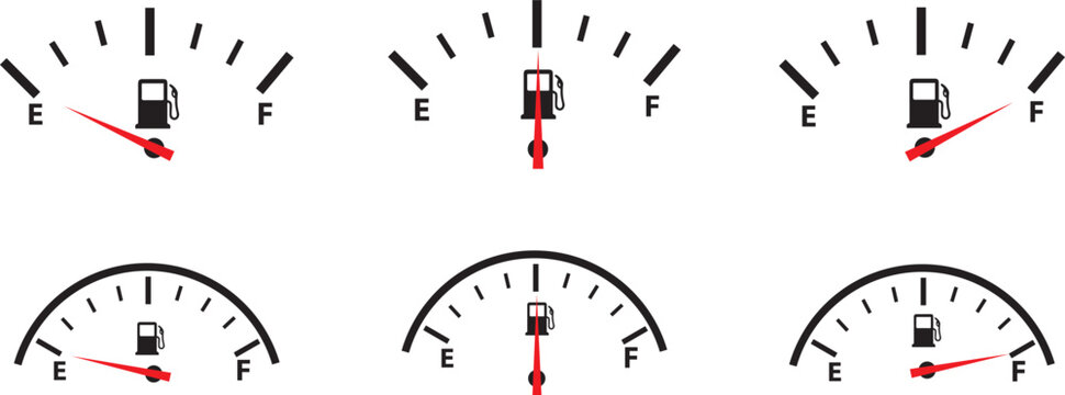 Fuel Gauge Indicator Icon Set &ndash; Gasoline Fuel Meter, Empty to Full Dashboard Gauge, Petrol Level Vector Collection