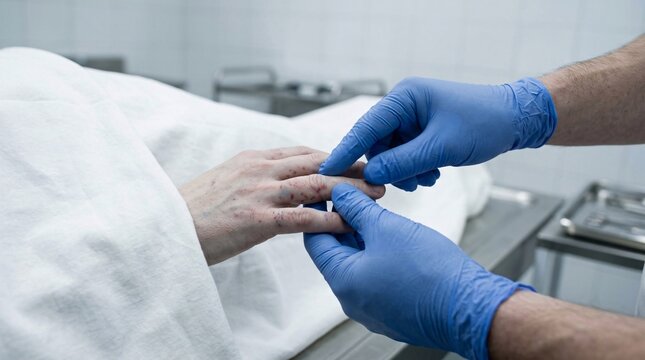 Medical examiner inspecting toxicological petechial hemorrhages on dead body fingers close up