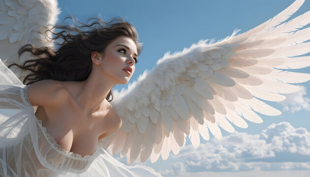 Beautiful Angelic Woman with Wings in the Sky, Radiating Love, Innocence, Happiness, and Heavenly Beauty