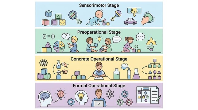 Stages of cognitive development from infancy to adulthood
