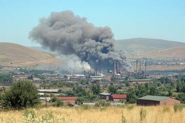 Naklejka premium Factory smokestacks releasing heavy smoke with harsh daylight, industrial complex background