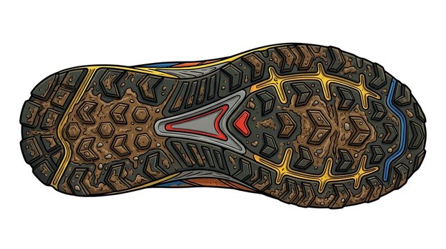 Dirty sole of a trail running shoe with mud and grip pattern