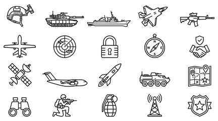 Military And Transportation Line Icons on White Background  © Ferdous_Studio1989