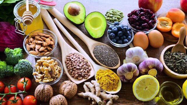 Variety of superfood products representing healthy diet