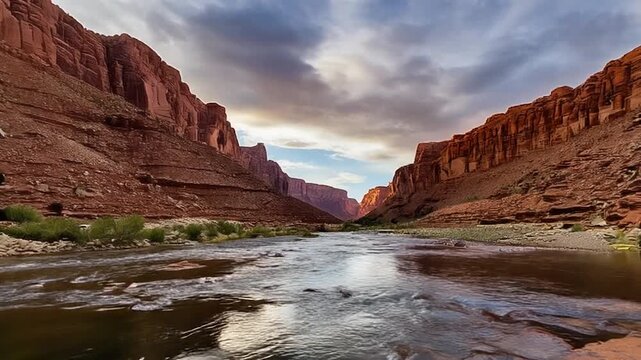Canyon river timelapse water shimmers continuously light transitions across beautiful canyon