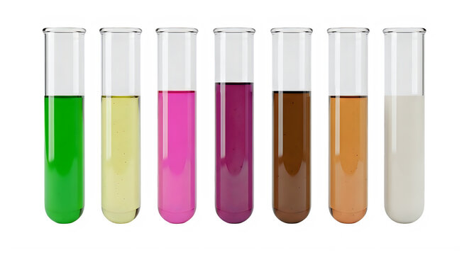 Seven test tubes with various colored liquids isolated on transparent background