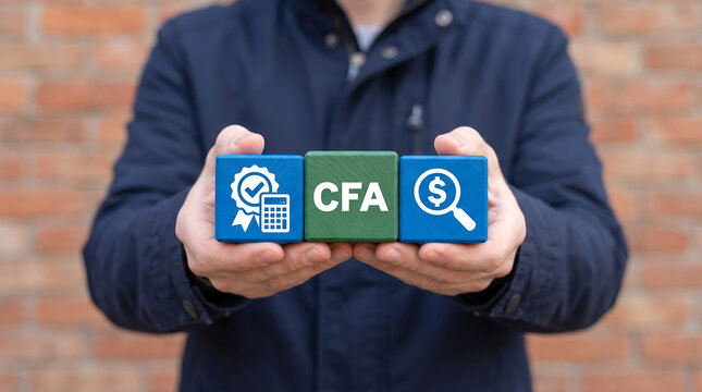 Man holding colorful blocks sees abbreviation CFA. CFA Chartered Financial Analyst business concept. Program is a postgraduate professional