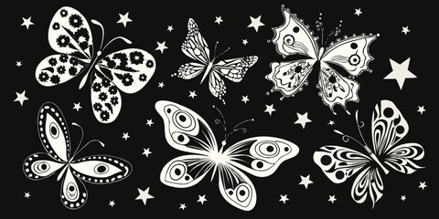 Butterflies And Stars White Vector Illustration On Black Background © Uttam