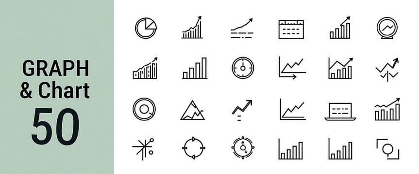 Collection of 50 line icons featuring graphs and charts for business analytics financial reporting and data presentation.