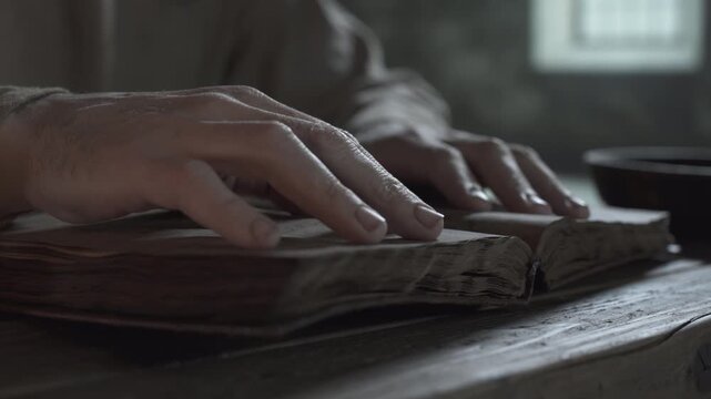 Hands of a medieval prisoner tracing lines in an open book on a rustic wooden table near a window inside a dark dungeon