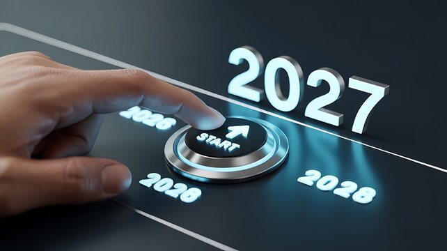 Finger pressing start button marking transition from 2026 to 2027 future beginning new year countdown optimism progress innovation concept celebration.