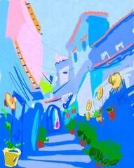 Sketch of a street in the Blue City in Morocco © Olesia La