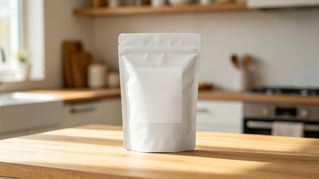 Mockup Blank matte white stand-up food pouch with an editable blank label,premium commercial food photography