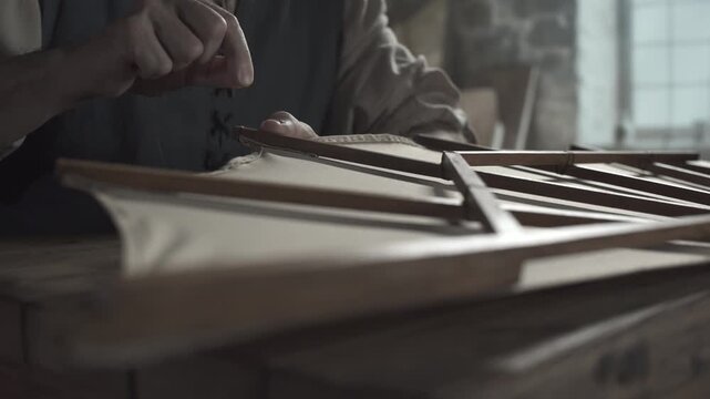 Close up of medieval master hands wrapping thread around an ornithopter wing rib end for fastening fabric inside a craftsman workshop