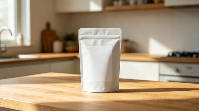 Mockup Blank matte white stand-up food pouch with an editable blank label,premium commercial food photography