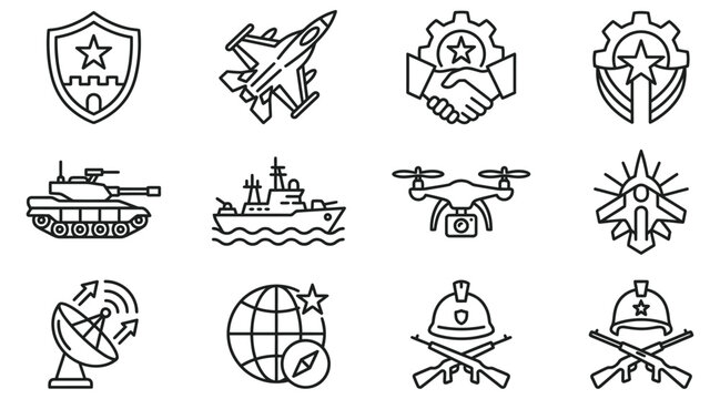 Military Icons Set Line Art Style On White Background 
